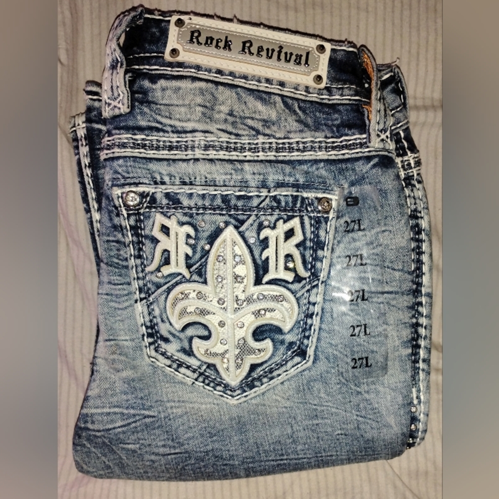 Rock Revival Distressed Blue Jeans with Silver Accents